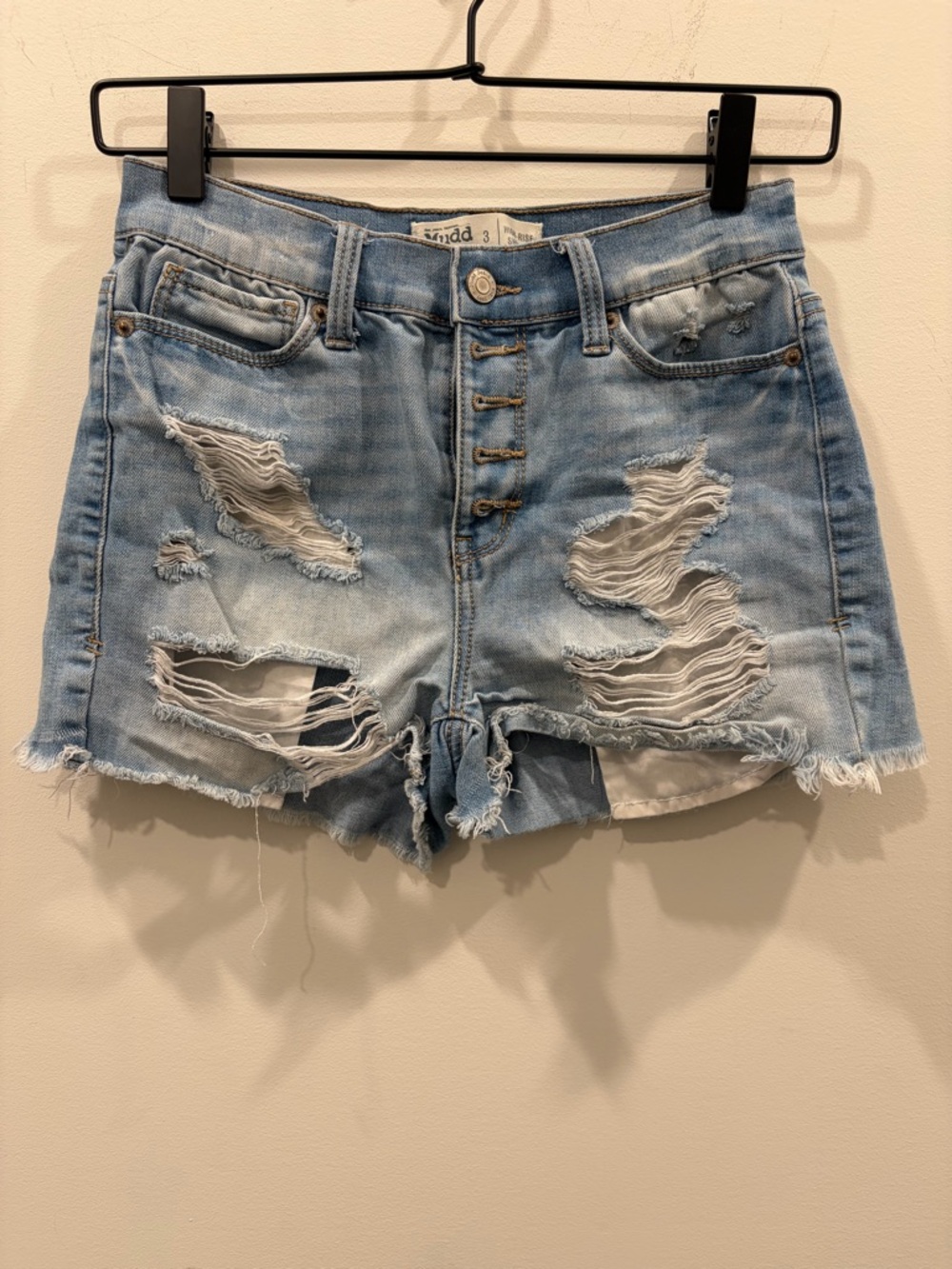Mudd Light Blue Distressed High-Rise Button-Fly Denim Shorts